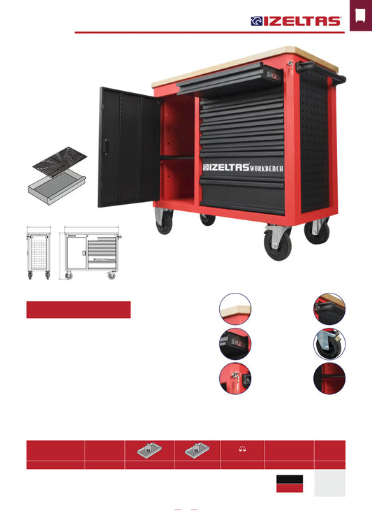 İzeltaş Workbench Serisi Ahşap Üst Tablalı 7 Çekmeceli Dolu Takım Dolabı