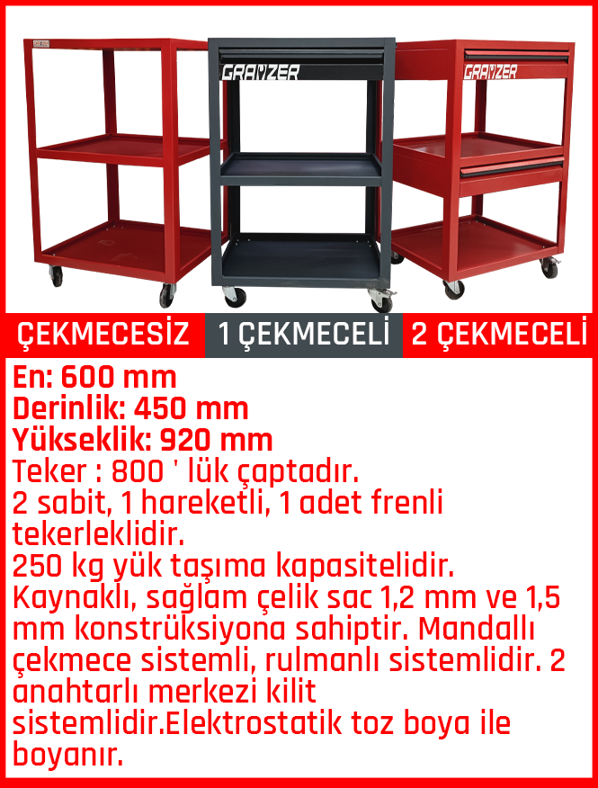 Grayzer 2 Çekmeceli Parça Taşıma Takım Arabası